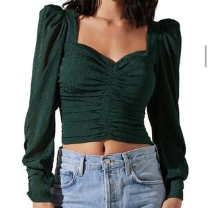 ASTR the Label Ruched Puff Shoulder Crop Top HUNTER GREEN, Size Medium